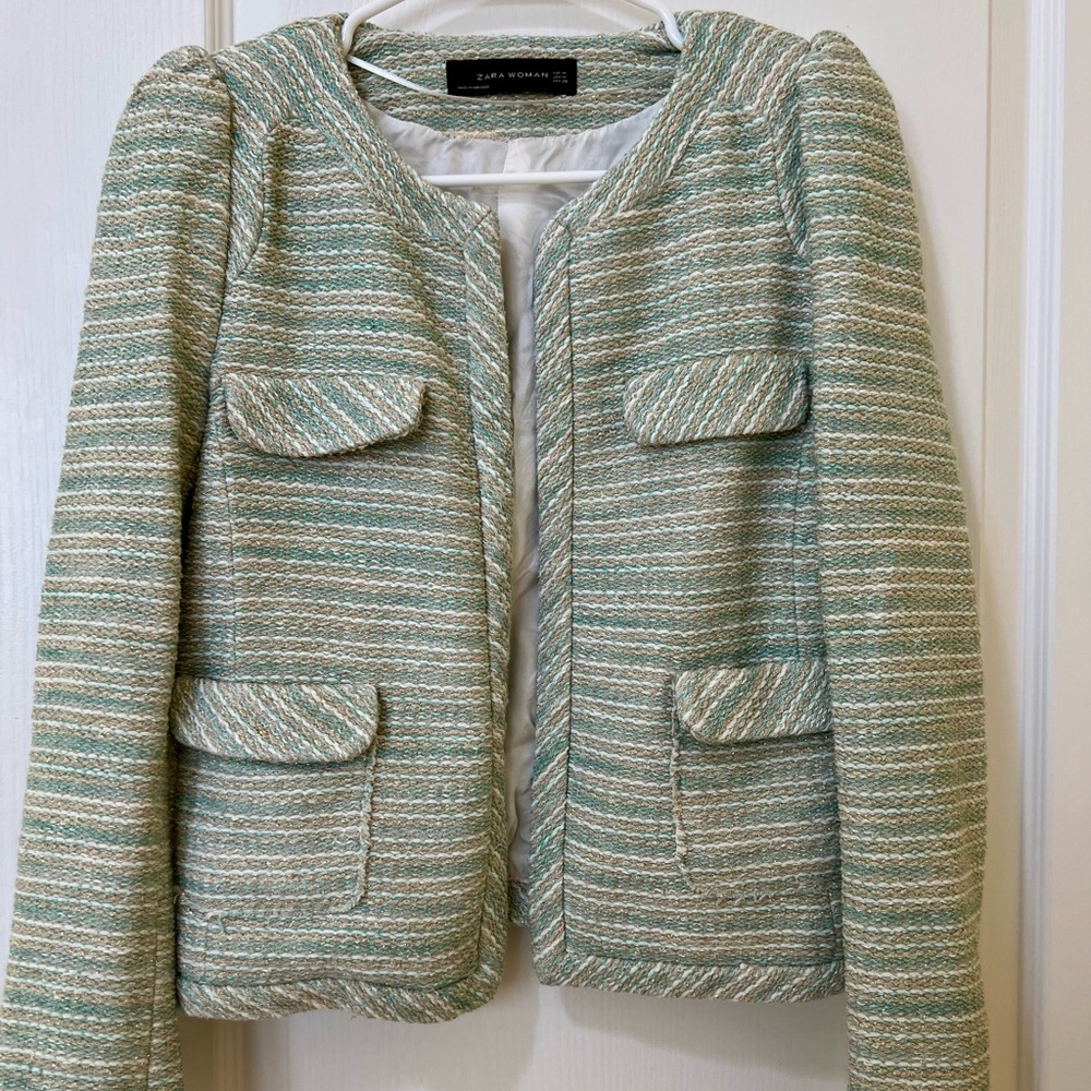 Zara Green and White Striped Blazer